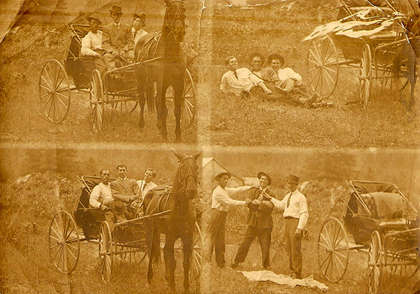 Sepia-toned photo series from the family archive, probably dating to the late 1910s or early 1920s. The photographer cleverly overlapped four images onto a single print. Each of the four images shows three men posing with a horse-drawn buggy. In two images, the men are seated in the buggy. In one image, the men are lounging in a row beside the buggy and one man has thrown his leg across the legs of the other two. In the final image, the men are standing together, two holding and pointing to the man in the middle, as if accosting him, and all three are laughing. In each image, one man is wearing a full suit of some middle-tone color, including a tie, vest, and jacket, over a white shirt; one man is wearing mid-toned pants, a white shirt, and suspenders; and the third man is wearing mid-toned pants, a white shirt, and a tie. The buggy has four delicate-looking long-spoked wheels, tufted upholstery, and a folded-back convertible cover. The horse is tall and rangy and is standing still in its harness and bridle. (The bridle looks tight, to me, and the horse's elevated head posture suggests the presence of a tight check rein.)