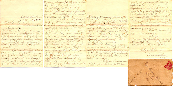 Scanned image of a four page, handwritten letter, including the envelope. The pages are yellowed with time, but the neat cursive writing is still legible. The tiny envelope is simply addressed, "Mrs. Charles Linton/Calamus, Iowa" tilted across the center, with "Clinton County" written upside down and tilted in the opposite direction. A two-cent stamp is in one corner.